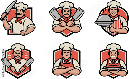 Cartoon Chefs Illustration Set Holding Knife, Meat Cleavers, and Serving Dish on Red Geometric Backgrounds