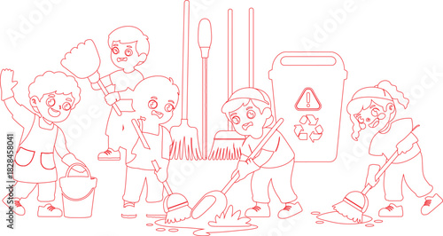 Cartoon Children Cleaning with Brooms, Mops, and Bucket in Red Outline Illustration Style