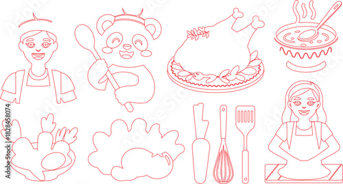 Cartoon Illustration Chef, Panda with Spoon, Turkey Dinner, Soup Pot, and Baking Tools