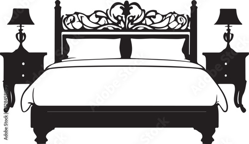 Black silhouette of a bed with ornate headboard and nightstands