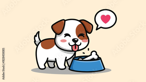 Cute cartoon puppy happily eating a bone from a blue bowl with a heart icon.