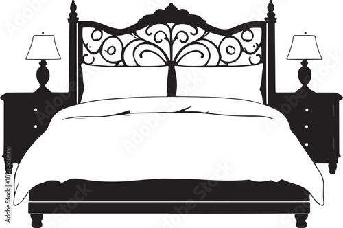 Black silhouette of a bed with nightstands and lamps