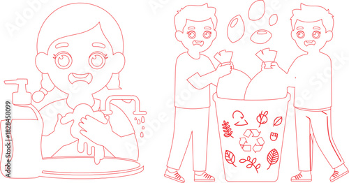 Cartoon Line Art Depiction Girl Washing Hands and Two Boys Tossing Garbage Bags