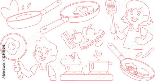 Cooking Fun Outlined Cartoon Characters with Frying Pans, Bacon, Bell Peppers, and Other Food Items