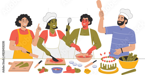 Four Diverse People Cooking Together, Wearing Aprons and Chef Hats, Preparing Vegetables and Cake