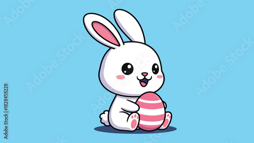Cute Cartoon White Bunny Holding Striped Easter Egg.