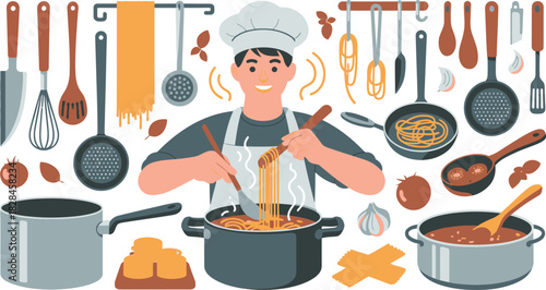 Happy Chef Cooking Spaghetti with Kitchen Tools, Pots, Pans, Vegetables, and Pasta Ingredients Around Him