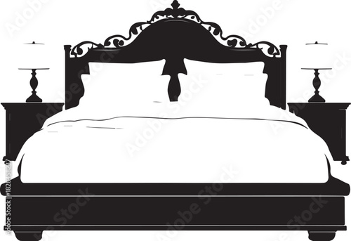 Black silhouette of a bed with ornate headboard and nightstands