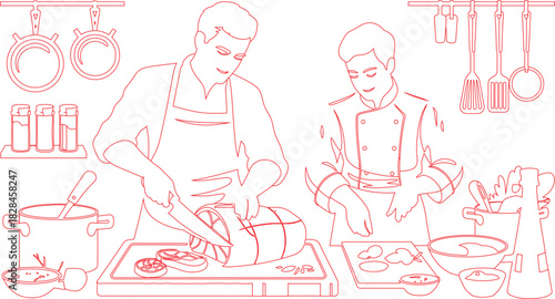 Illustration of Two Chefs Preparing Food in a Kitchen with Pots, Pans, and Utensils