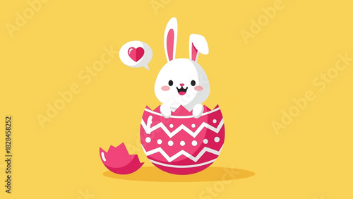 Cute cartoon white bunny emerging from broken pink Easter egg illustration.