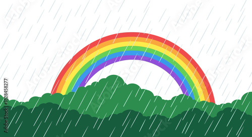 Illustration of a vibrant rainbow emerging behind green hills during a rain shower