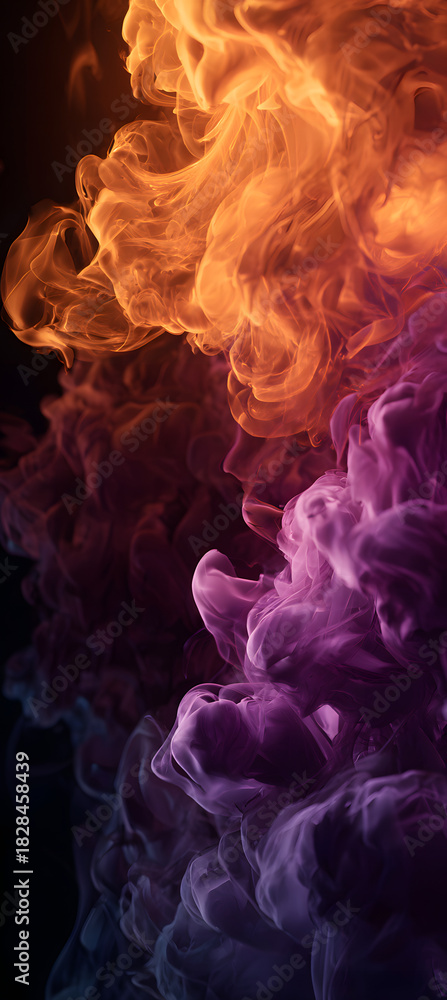 Fototapeta premium dark background with orange purple smoke waves and deep navy fluid swirls in dramatic abstract style