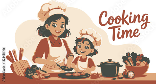 Mother and Daughter Cooking Together Illustration of Family Time in the Kitchen Wearing Chef Hats