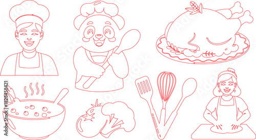 Outline Drawing Chefs, Turkey Dinner, Cooking Tools, Soup Bowl, Tomato, and Dough Baking Preparation