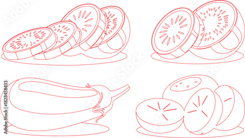Outline Drawing Eggplant, Sliced Kiwi, Dragon Fruit, and Other Fruits in Red Line Art