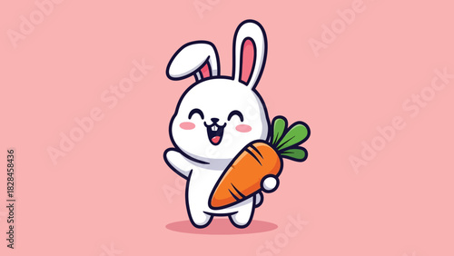 Cute white cartoon rabbit holding a carrot and waving happily.