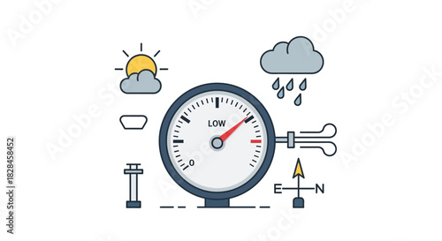 Stylized weather forecast illustration displaying atmospheric pressure and environmental conditions