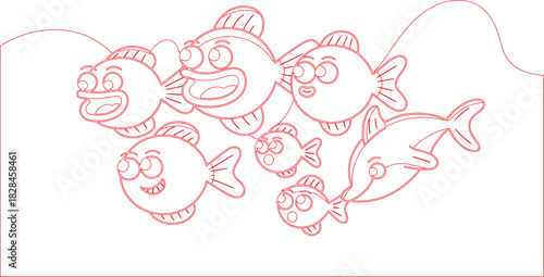 Outline Drawing of Cartoon Fish and Dolphin Swimming Together in an Undersea Landscape