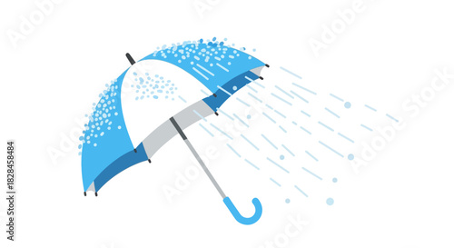 Stylized depiction of a blue and white umbrella defying the elements in rain season