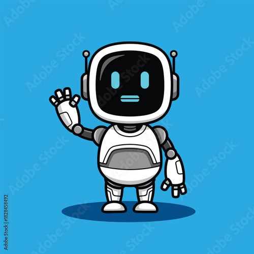Cute white cartoon robot waving hello with friendly expression.