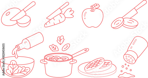 Outlined Illustration of Food Preparation Steps Including Cutting Vegetables, Cooking, Seasoning, and Dressing Salad