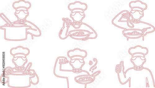 Red Outline Cartoon Chef Icons Cooking, Tasting, Stirring, Frying, and Giving Thumbs Up Poses