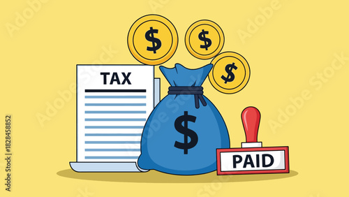 Tax document money bag and dollar coins with a PAID stamp illustration.