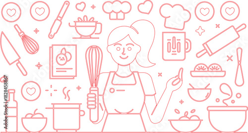 Red Outline Drawing Woman Chef with Kitchenware, Food, Hearts, Recipe Book, and Cooking Pots