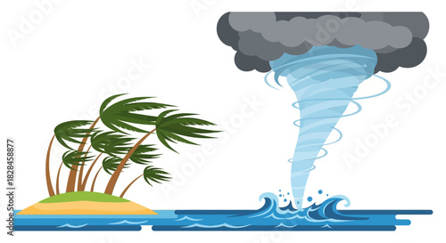 Cartoon depiction of a tropical island with palm trees bracing against a forming tornado