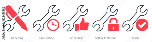 A set of 5 contact icons as edit setting, time setting, like settings