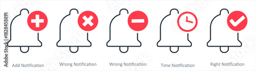 A set of 5 contact icons as add notification, wrong notification, time notification