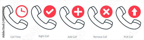 A set of 5 contact icons as call time, right call, add call