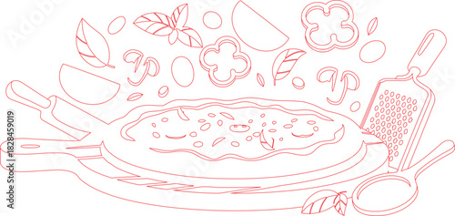 Red Outline Illustration of Pizza, Mushrooms, Peppers, Basil, Grater, and Serving Plate Arrangement