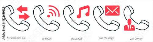 A set of 5 contact icons as synchronize call, wifi call, music call