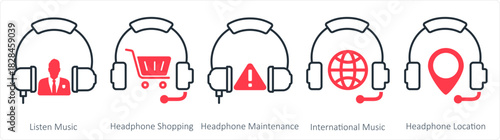 A set of 5 contact icons as listen music, headphone shopping, headphone maintenance