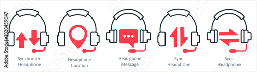 A set of 5 contact icons as synchronize headphone, headphone location, headphone message