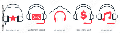 A set of 5 contact icons as favorite music, customer support, cloud music