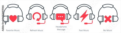 A set of 5 contact icons as favorite music, refresh music, headphone message
