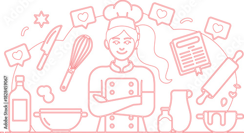 Red Outline Illustration Woman Chef with Baking Tools and Heart Icons on White Background