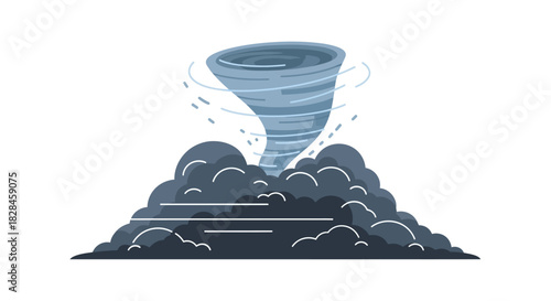 Stylized depiction of a tornado touching down amidst dark swirling storm clouds