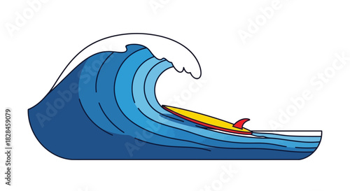 Stylized surfing scene showcasing a yellow board cresting a dynamic blue wave vector illustration
