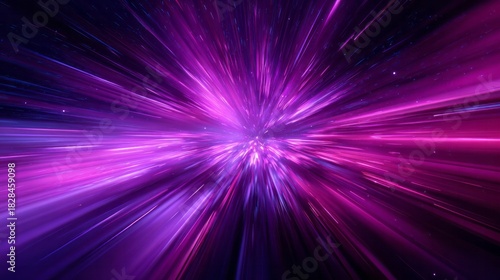 Bright purple and pink light trails streak through cosmic darkness.