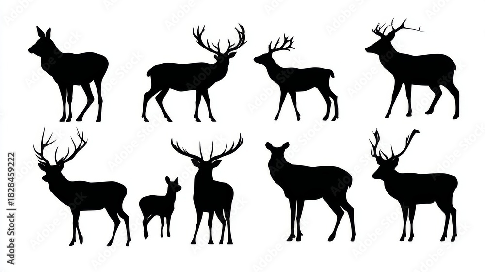 Fototapeta premium Deer silhouette vector illustration bundle featuring multiple stag and doe poses in simple black outlines on white background for wildlife design and nature artwork