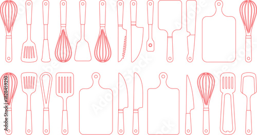 Red Outline of Kitchen Utensils Pattern Whisks, Spatulas, Knives, and Cutting Boards on White