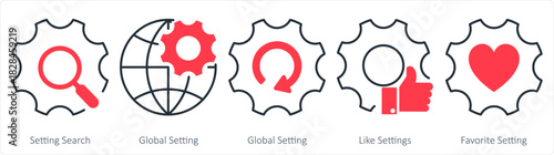 A set of 5 contact icons as setting search, global setting, like settings