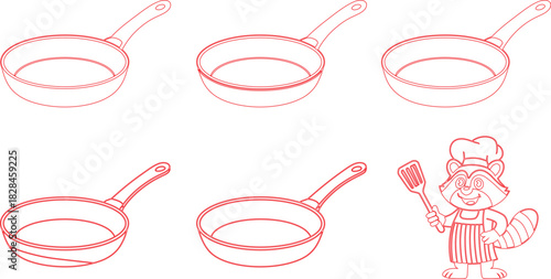 Red Outlined Illustration Five Frying Pans and a Cartoon Raccoon Chef with Spatula