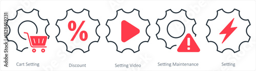 A set of 5 contact icons as cart setting, discount, setting video