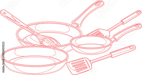 Red Outlined Kitchenware Featuring Frying Pans, Spoons, and Spatulas on White Background
