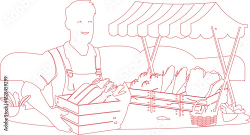 Smiling Farmer at Market Stand Holding Carrots with Tomatoes and Bread under a Striped Awning