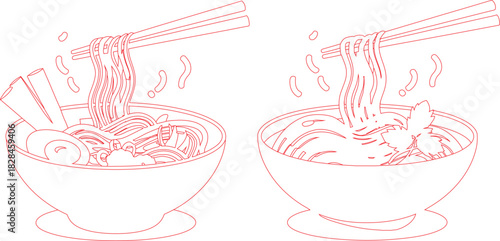 Two Outlined Ramen Bowls with Chopsticks, Noodles, Broth, and Various Toppings in Red